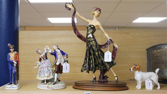 An Art Deco style figure, a Beswick Jack Russell terrier and two figural groups figure 46cm